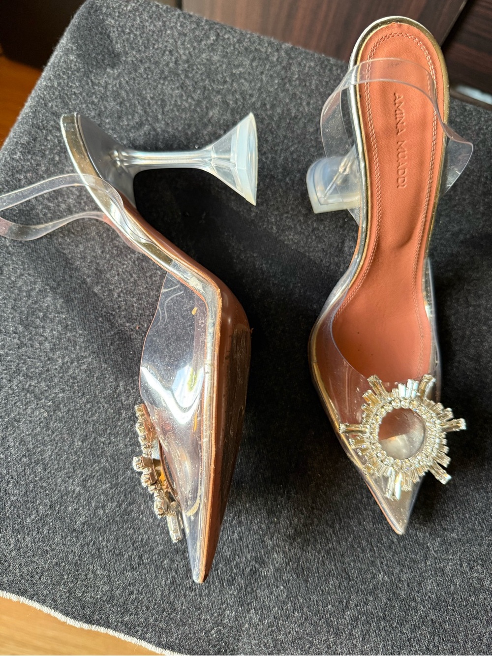Amina Muaddi Clear Slingback Pumps with Crystal Sunburst - Tan Insole - Picture 3 of 7
